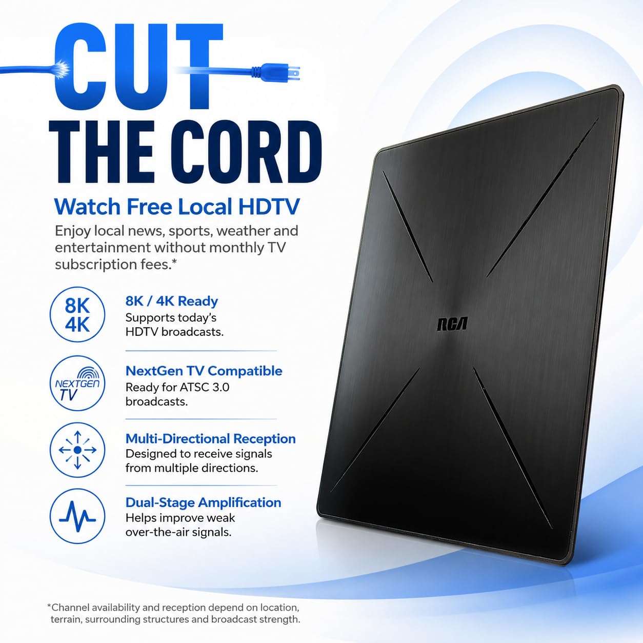 Antenna HDTV da interno amplificata RCA – Ricezione VHF e UHF multidirezionale, 4K/8K, 1080P, 40 Mile Range – ANT1360E