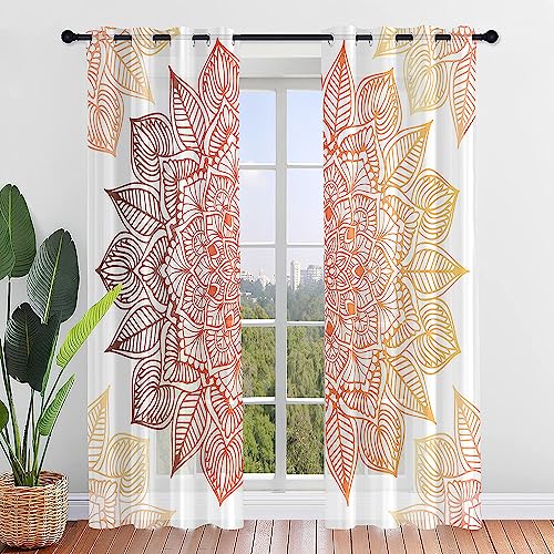 Hiseng Cortinas Translucidas Decorativas con Ojales 2 Piezas, Mándala Cortinas Visillos Translúcidos de Dormitorio Moderno Bohemia, para Salon Cocina Ventana Comedor (55x95cm,Marrón Naranja)