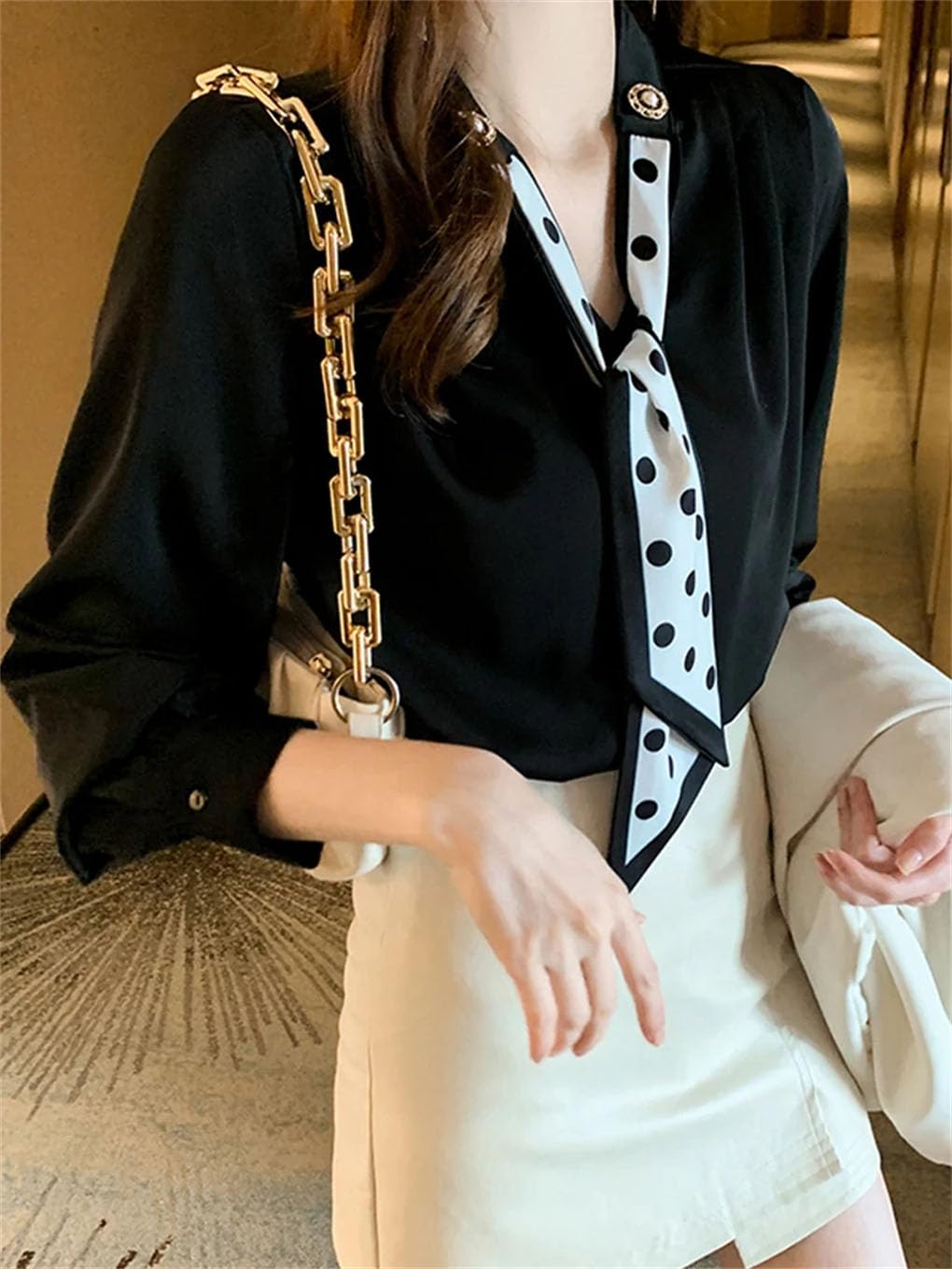 Camicetta da donna bianca con scollo a V, a maniche lunghe, in chiffon, per lavoro, ufficio, lavoro