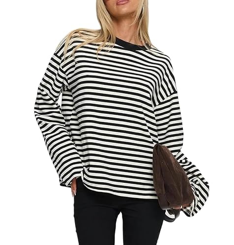 Image of FeMereina Striped Long Sleeve Shirt Women Y2k Oversized Crewneck Vintage Tops Fall Winter Drop Shoulder Cute Preppy Pullover (Black, M)
