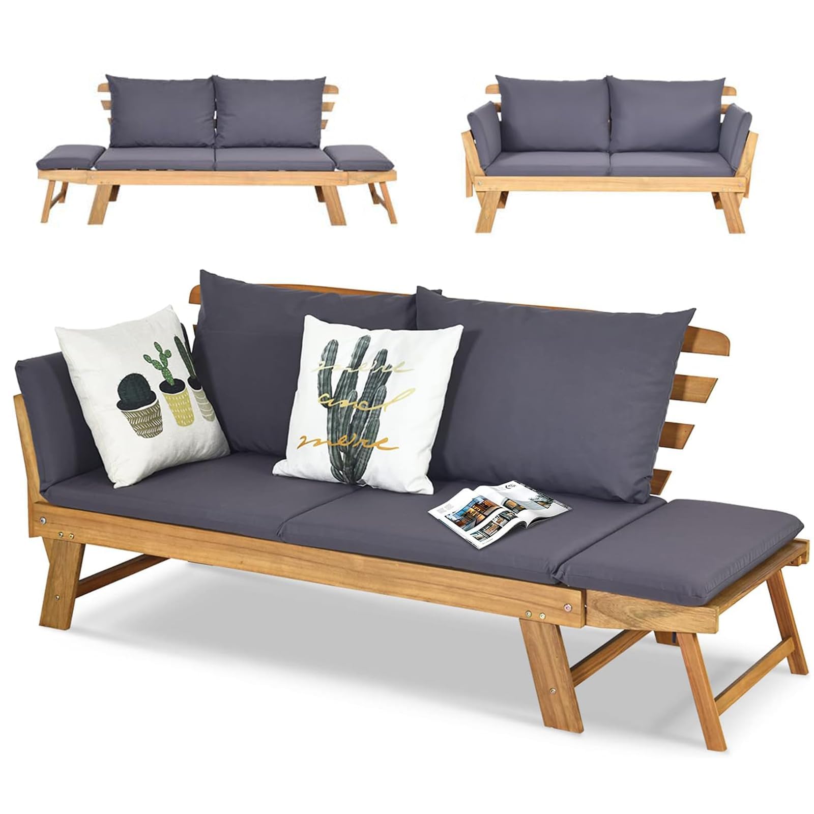 COSTWAY 3 en 1 Banco Jardin 2 Plazas, Madera Acacia, Sofa Cama de Jardín, Reposabrazos Abatibles, 2 Almohadas Lavables, Sofa Tumbona Terraza Exterior Interior, 198/175x75x75cm, Máx 320 kg (Gris)