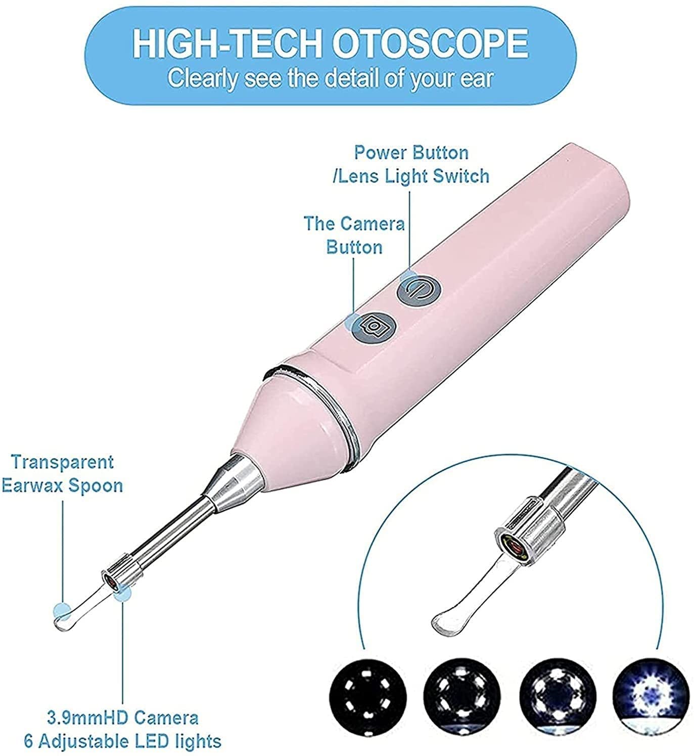 Cámara de Herramientas de eliminación de Cera de Oreja, Limpiador de Orejas visuales Inteligentes, otoscopio de Oreja inalámbrica con 6 DIRIGIÓ Luces, IP67 Kit de Limpieza de Orejas a Prueba de