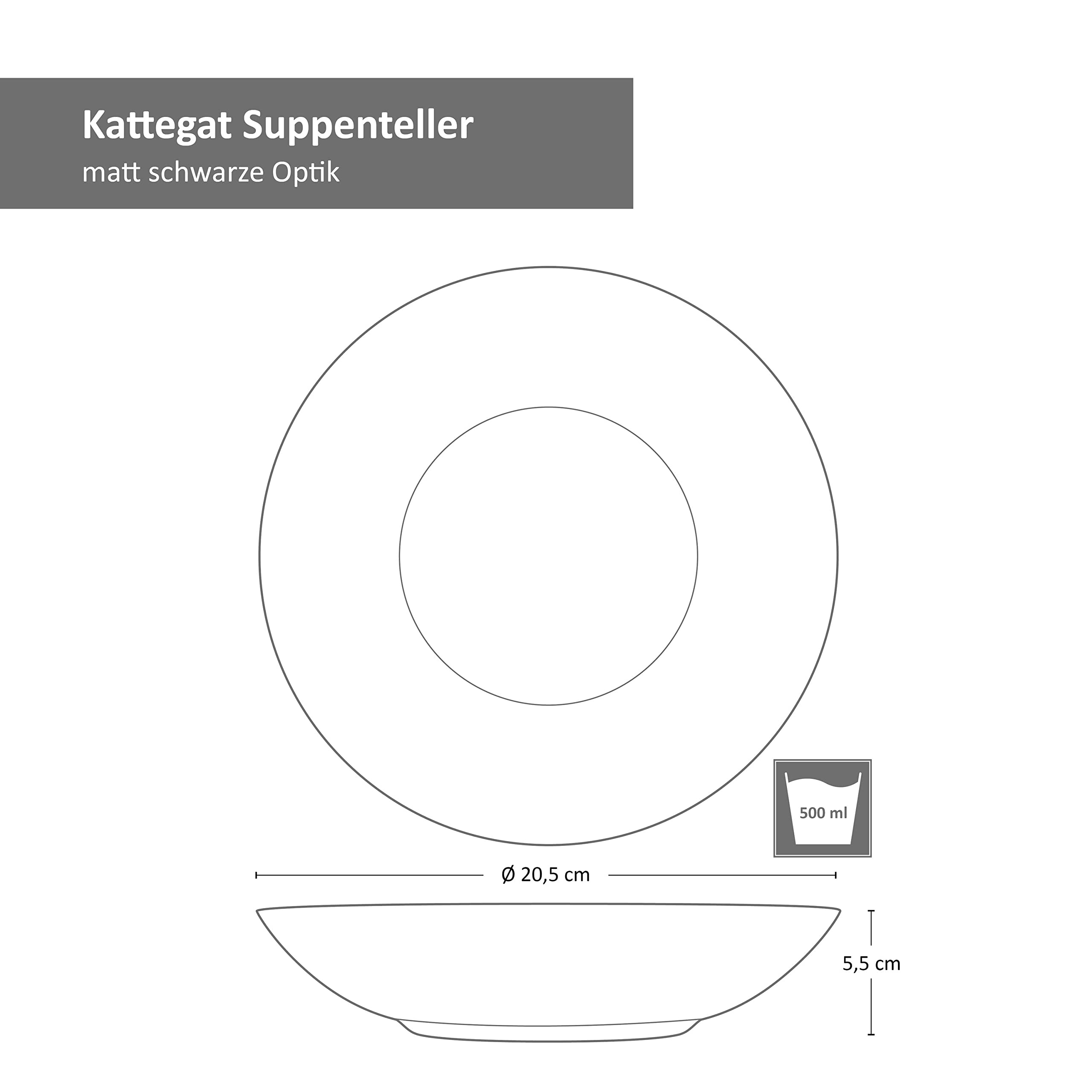 MamboCat Kattegat Lot de 6 assiettes creuses profondes, 500 ml, pour 6 personnes, noir mat, bol à soupe, assiette à salade, à pâtes, large, vaisselle en faïence