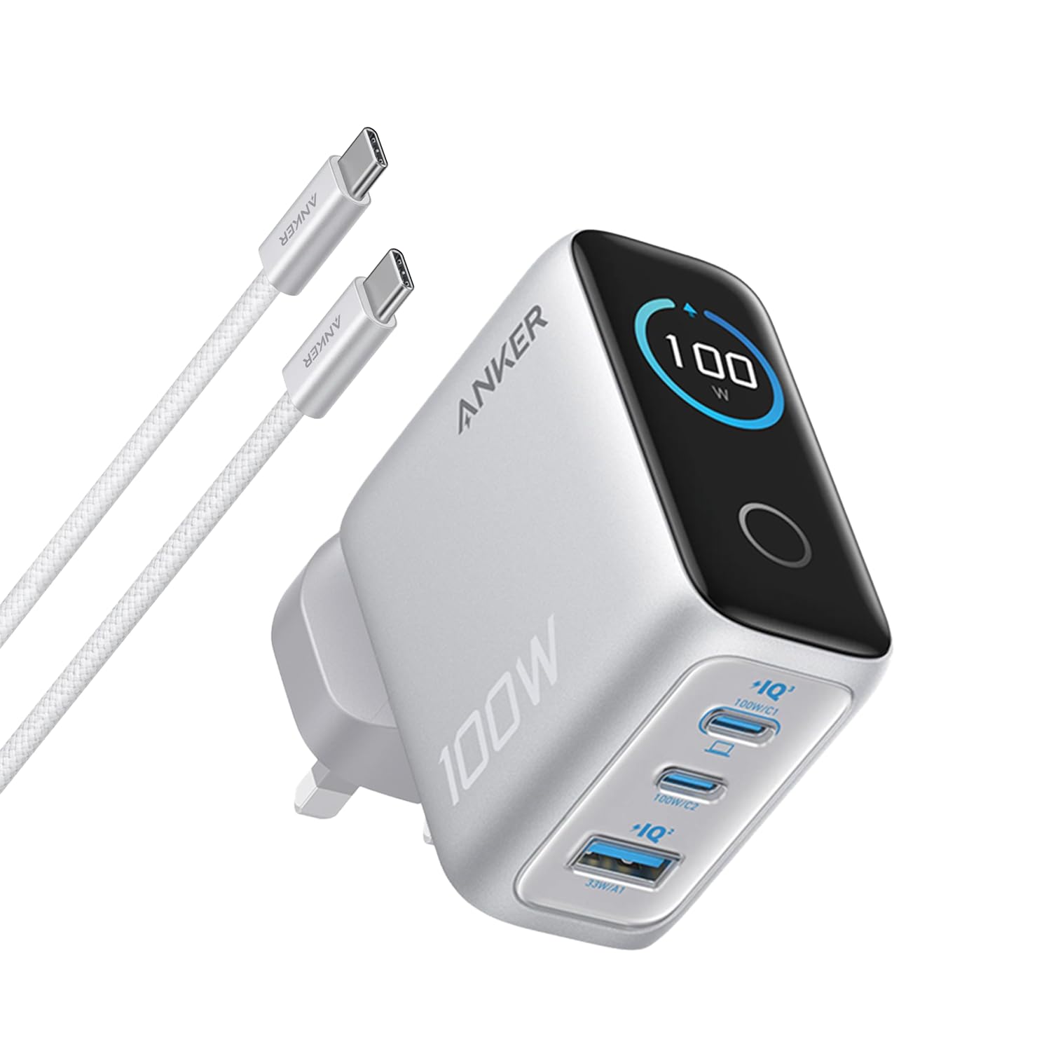 Anker Oplader, 100W Max USB C 3 Poorts GaN Wandadapter Met Slim Display En Touchbediening Voor Macbook Ipad Iphone 16 15 Serie Meer Inclusief Kabel 3225949352