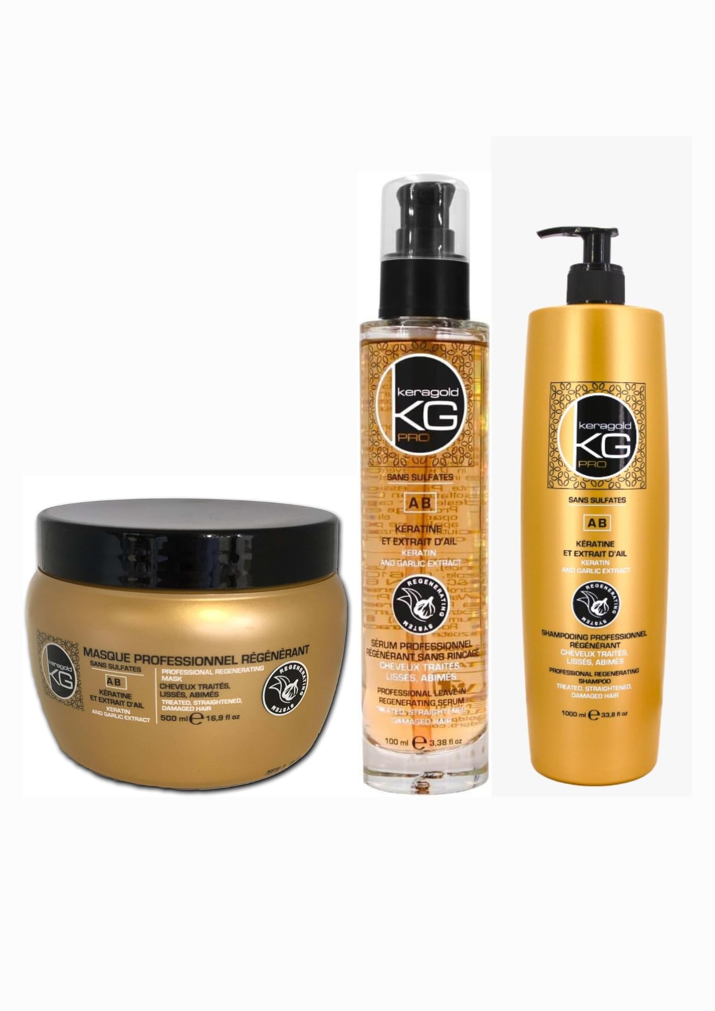 KERAGOLD PRO AB 3 sztuki do pielęgnacji włosów - bez siarczanów szampon 1 l + maska 500 ml + serum 100 ml - keratyna i ekstrakt z czosnku - wzmacniający, naprawczy i zapobiegający wypadaniu - do
