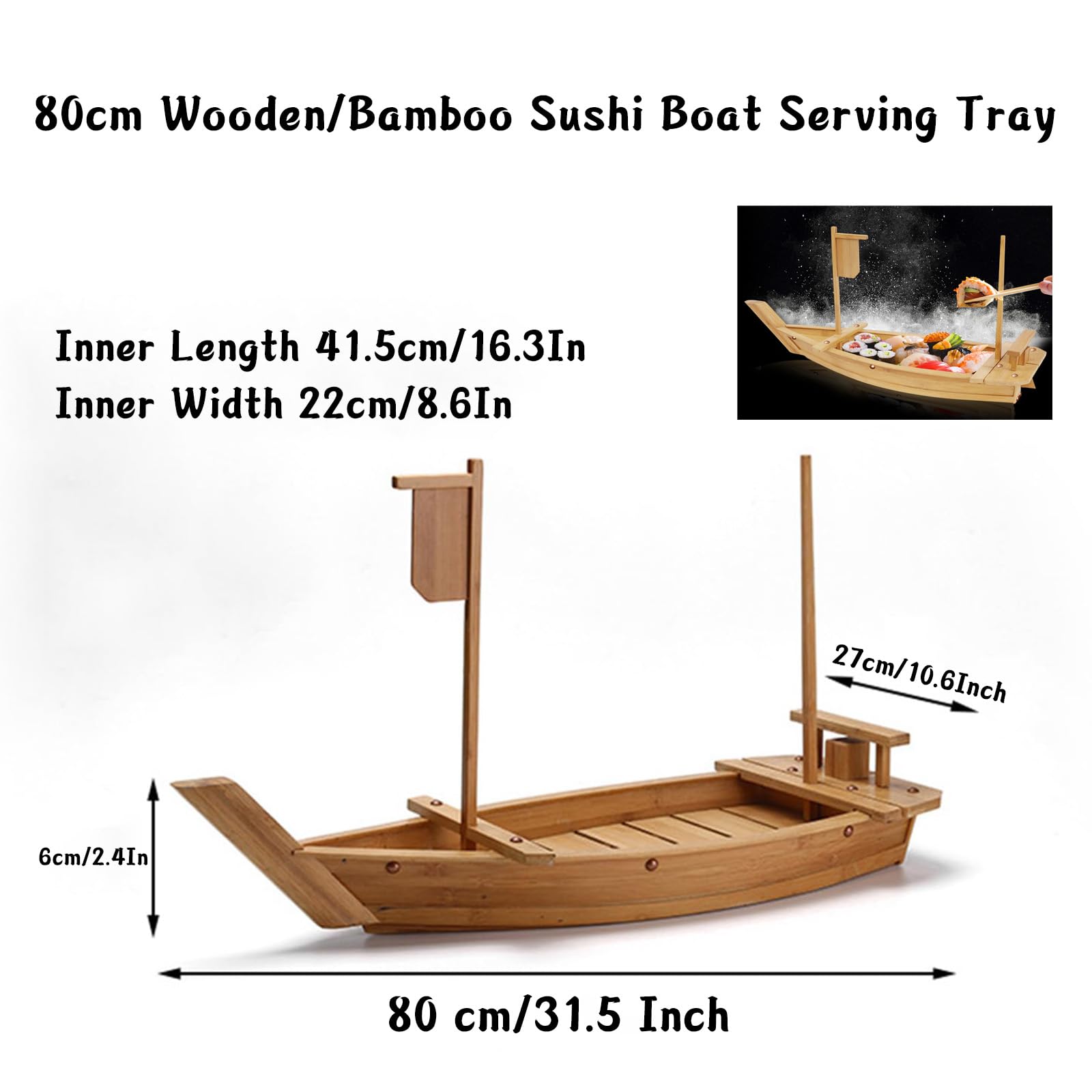 Générique Plateau de Service en Bois pour sushis et sashimis, Grande Assiette de 80 cm pour la présentation de la Cuisine Japonaise (Bois 80 cm)