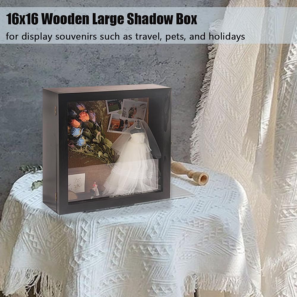 16x16 Extra Large Deep Shadow Box Exterior Depth 6in Wood Wall Mounted Display Cases Frame with Hinged Door for for Flowers Wedding Bouquet Pictures Photos Medals and Keepsake (Black)