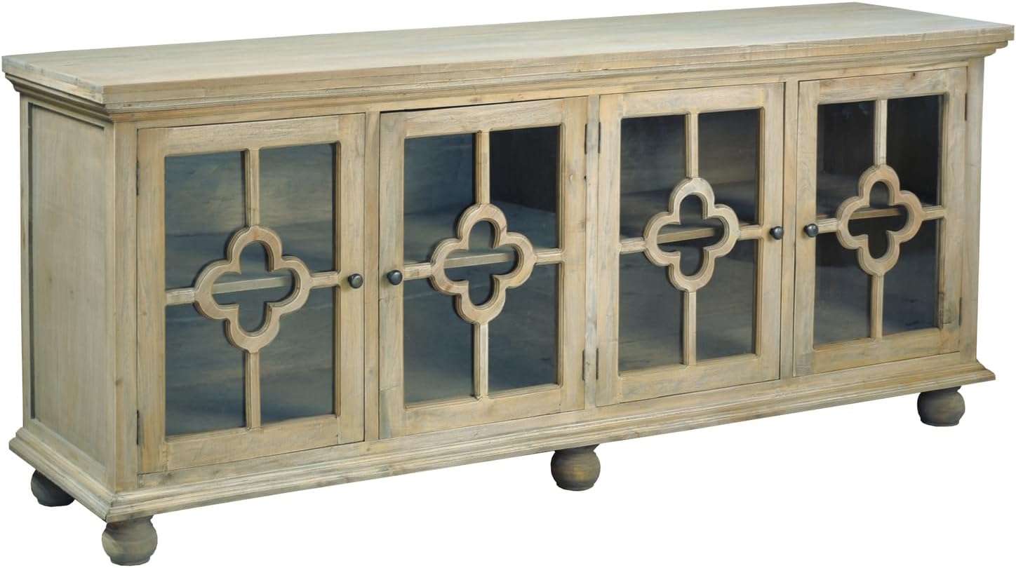 HomeStock Solid Wood Credenza with Glass Doors - 87" Display Cabinet, Sideboard, Buffet - Driftwood Brown