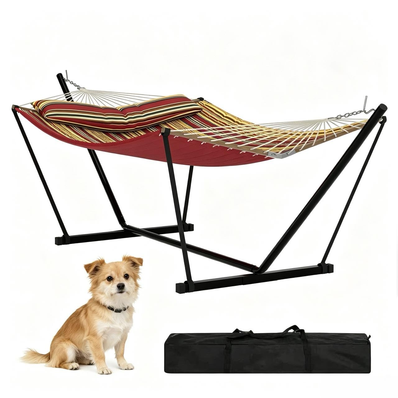 450Lbs Hammock with Stand, Garden Double Hammocks with Stable Metal Stand, Detachable Pillow, v Shaped Hardwood Spreader Bar for Indoor, Outdoor, Backyard, Beach, Burgundy Brown Stripes