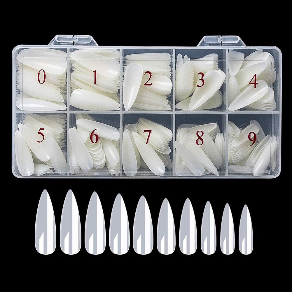 AORAEM Long Stiletto Sharp False Nails Natural Claw Full Cover Artificial Fake Nails Tips Art Tip 500PCS For Nail Salon 10 Sizes (Natural)