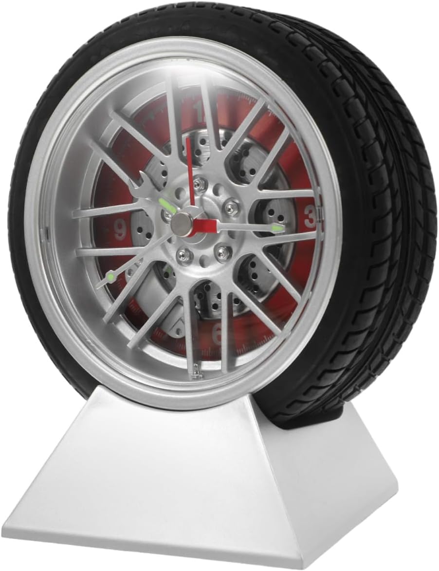 Unique Car Tire Desk Clock with Base Stylish Quartz Movement for Bedroom Living Room Office Decor Compact and Eye-catching for Spaces