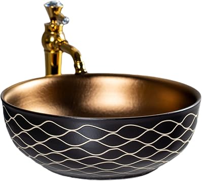 Ceramic Sink for Bathroom, Black Golden Sink, Hand Carved Round Porcelain Wash Bowls for Vanities, Diameter 41.5 cm x Height 15 cm