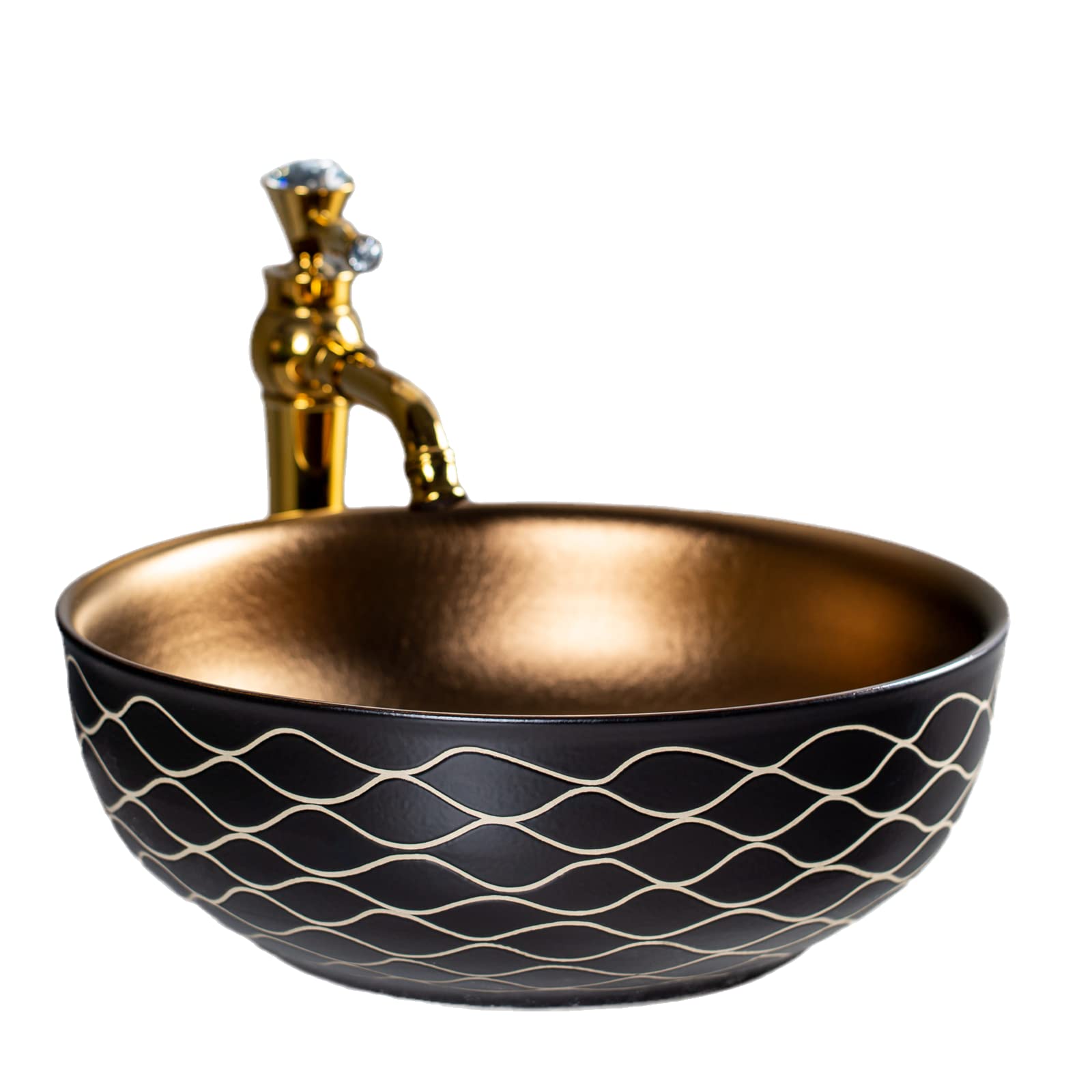 Ceramic Sink for Bathroom, Black Golden Sink, Hand Carved Round Porcelain Wash Bowls for Vanities, Diameter 41.5 cm x Height 15 cm