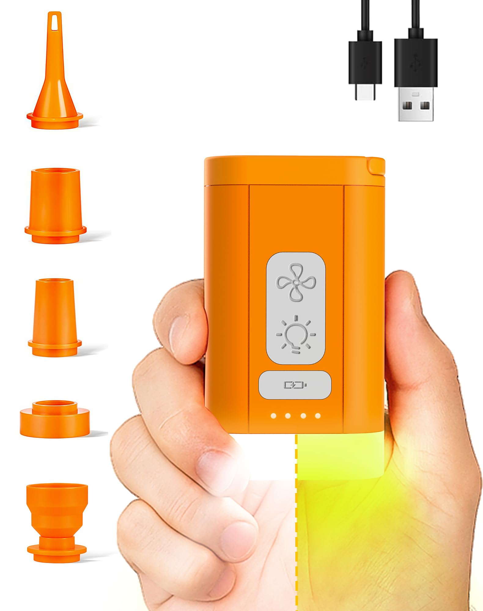 AirSwim Portable Air Pump for Inflatables, 4kPa Mini Air Pump with Camping Light, Tiny Pump Rechargeable Air Pump with Rechargeable Battery for Air Mattress Pool Floats Vacuum Storage Bags (Orange)