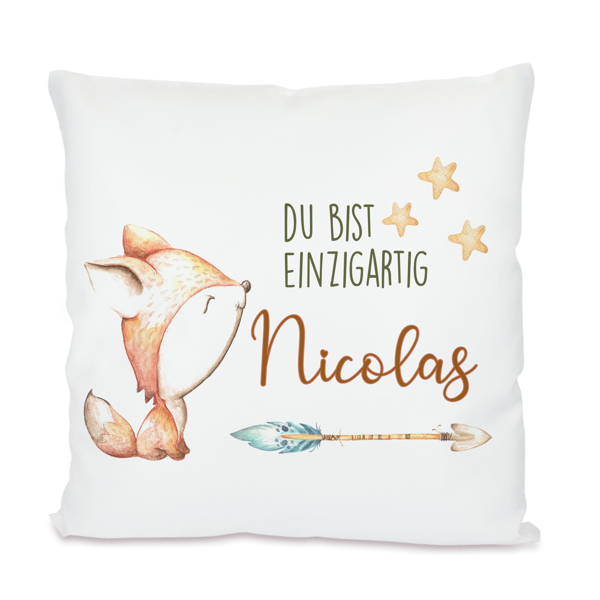 Manufaktur Liebevoll I Kinderkissen mit Namen Kissen Baby Geschenk personalisiert Geburt Namenskissen Geburtstag Mädchen Jungen Fuchs Du bist einzigartig 40x40 cm Bezug mit Füllung