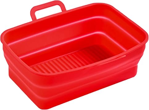 PerGar Air Fryer Silicone Pan, Silicone Baking Pan Foldable, Fryer Pot Heighten Brink Dual Handle Design, Reusable Air Fryer Silicone Liner for Air Fryer, Oven, Microwave Red