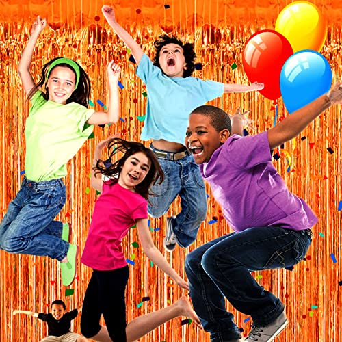 Image of 4 Pack Orange Foil Fringe Curtain Backdrop, 3.28Ftx8.2Ft Metallic Tinsel Foil Fringe Streamers Curtains for Party, Photo Booth Props, Birthday, 2022 Mother's Day Decoration Supplies