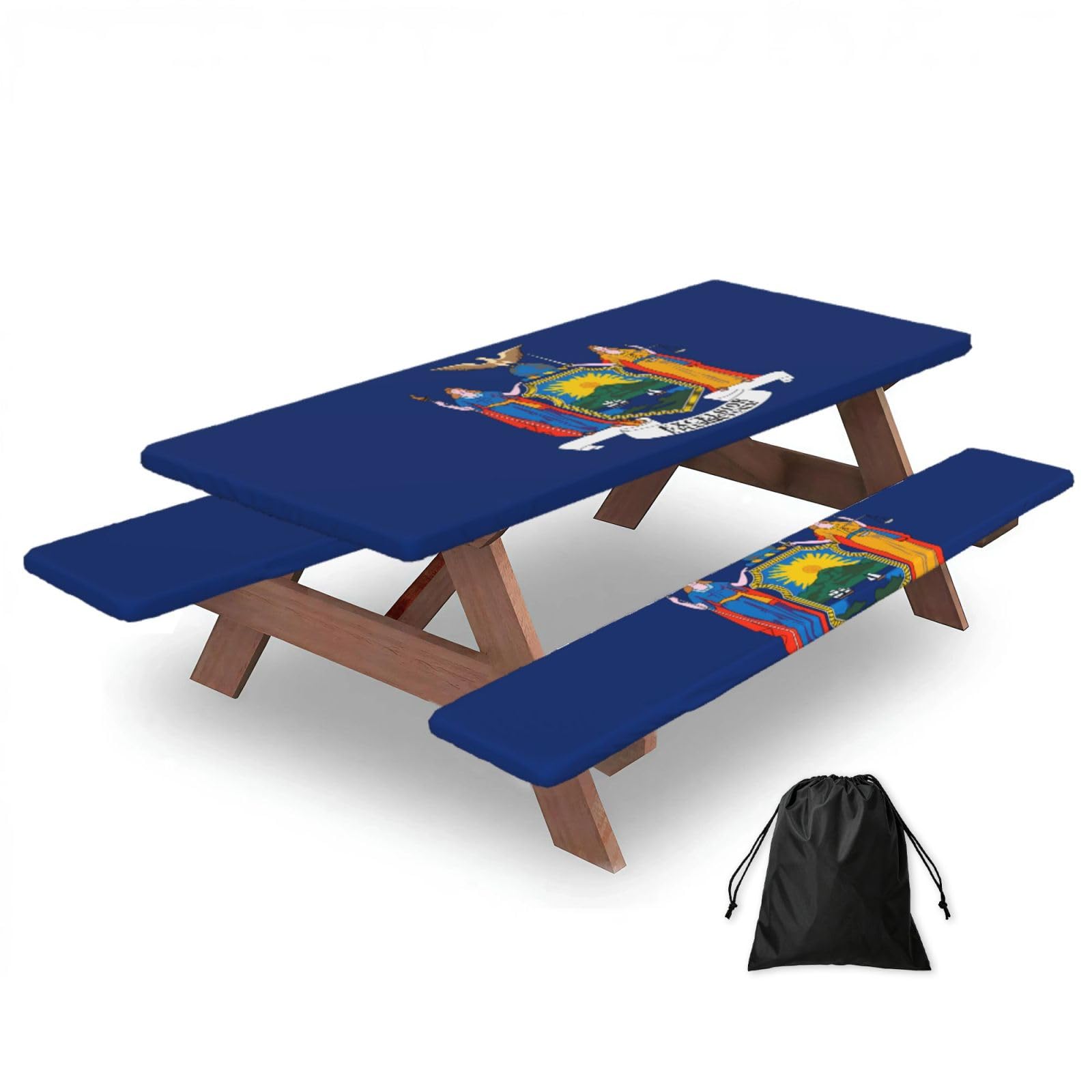 Hhbiuuo Black 72In Camping Table Cover & Bench Covers 3-Pack Set, New York Flag Print Tablecloths, For Rectangle Tables Picnic