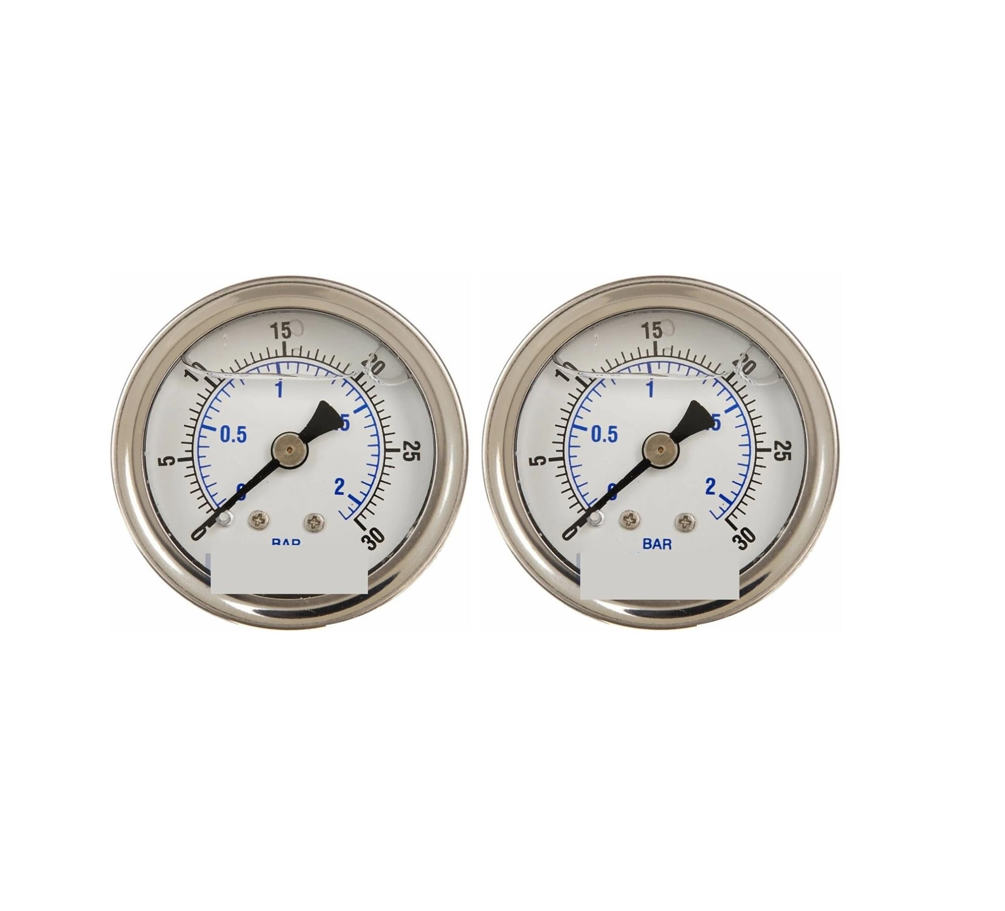 2-pak ciśnieniomierza napełnionego płynem 0-30 psi, tarcza 2", montaż z powrotem 1/4 cala
