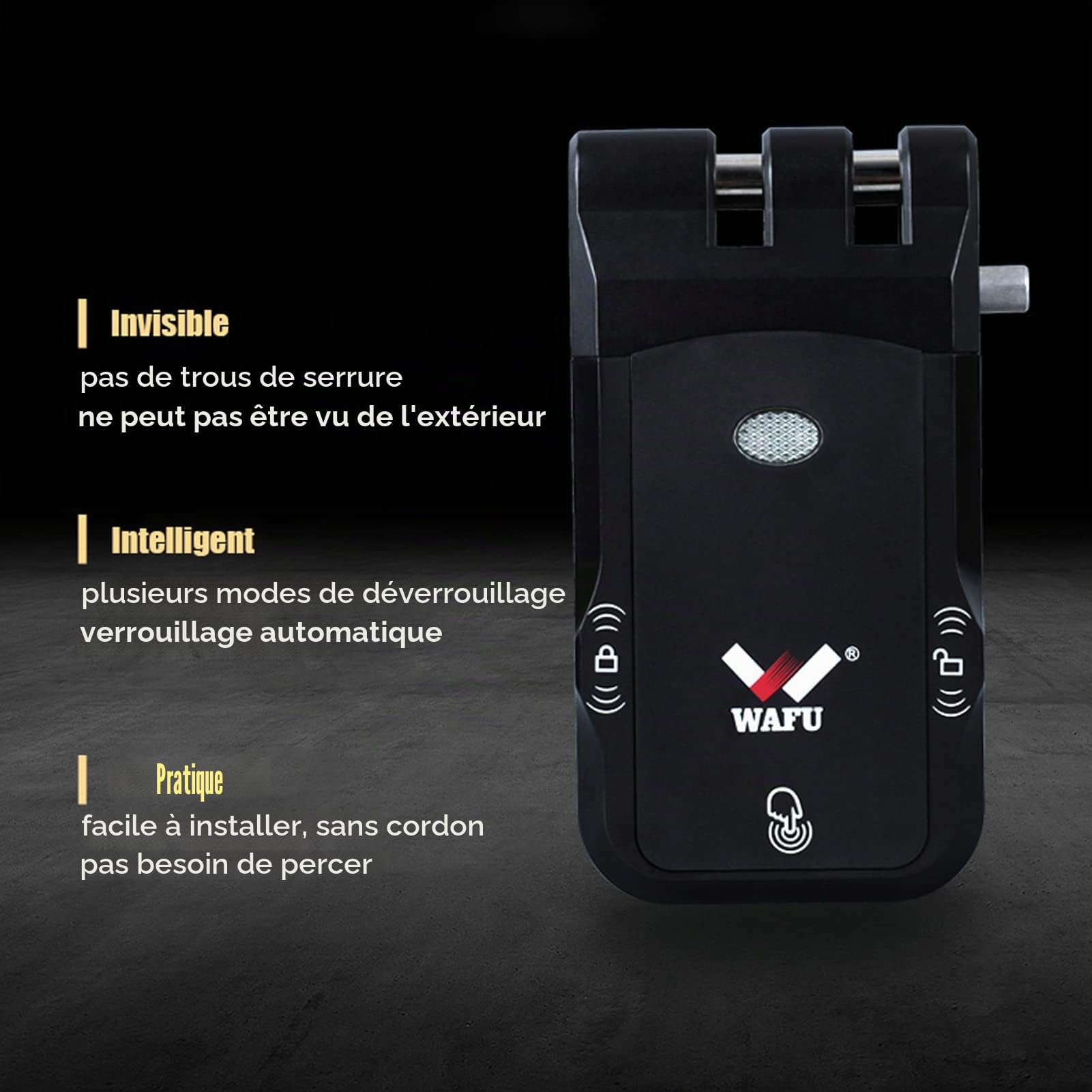 Verrou de porte intelligent, serrure de porte électronique sans fil invisible sans clé, avec 2 clés de télécommande, design tactile intérieur, sans trou de verrouillage
