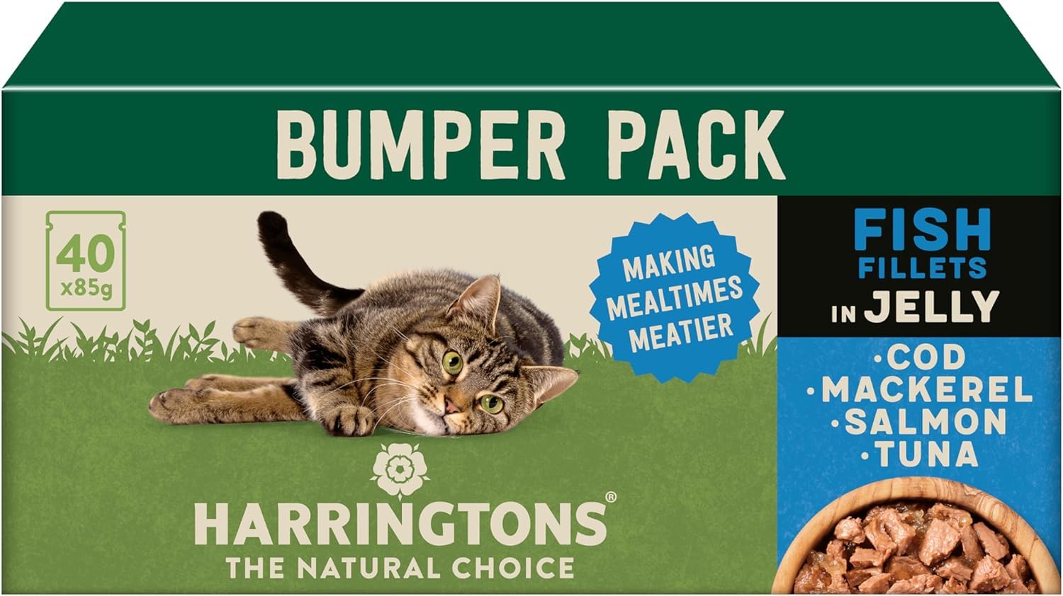 Harringtons Complete Wet Pouch Grain Free Hypoallergenic Adult Cat Food Fish in Jelly Pack 40x85g - Cod, Mackerel, Salmon & Tuna - Making Mealtimes Meatier