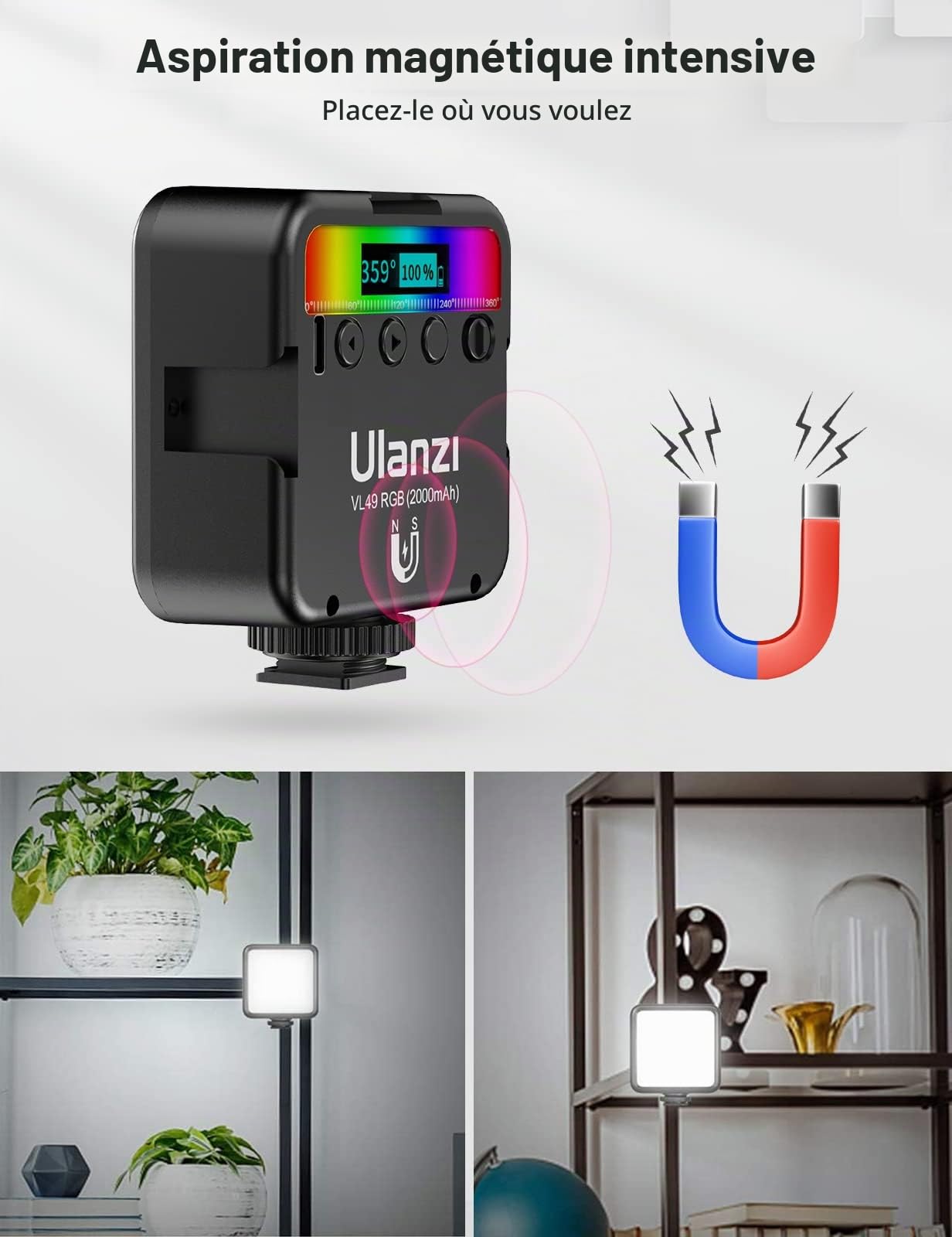 Lumiere Photo, ULANZI VL49 LED Photo RGB avec Batterie Intégrée Charge, RGB Full Color Mode, éclairage Lampe Vidéo Portable 2500K-9500K Couleur Température Réglable pour la Photographie (VL49)
