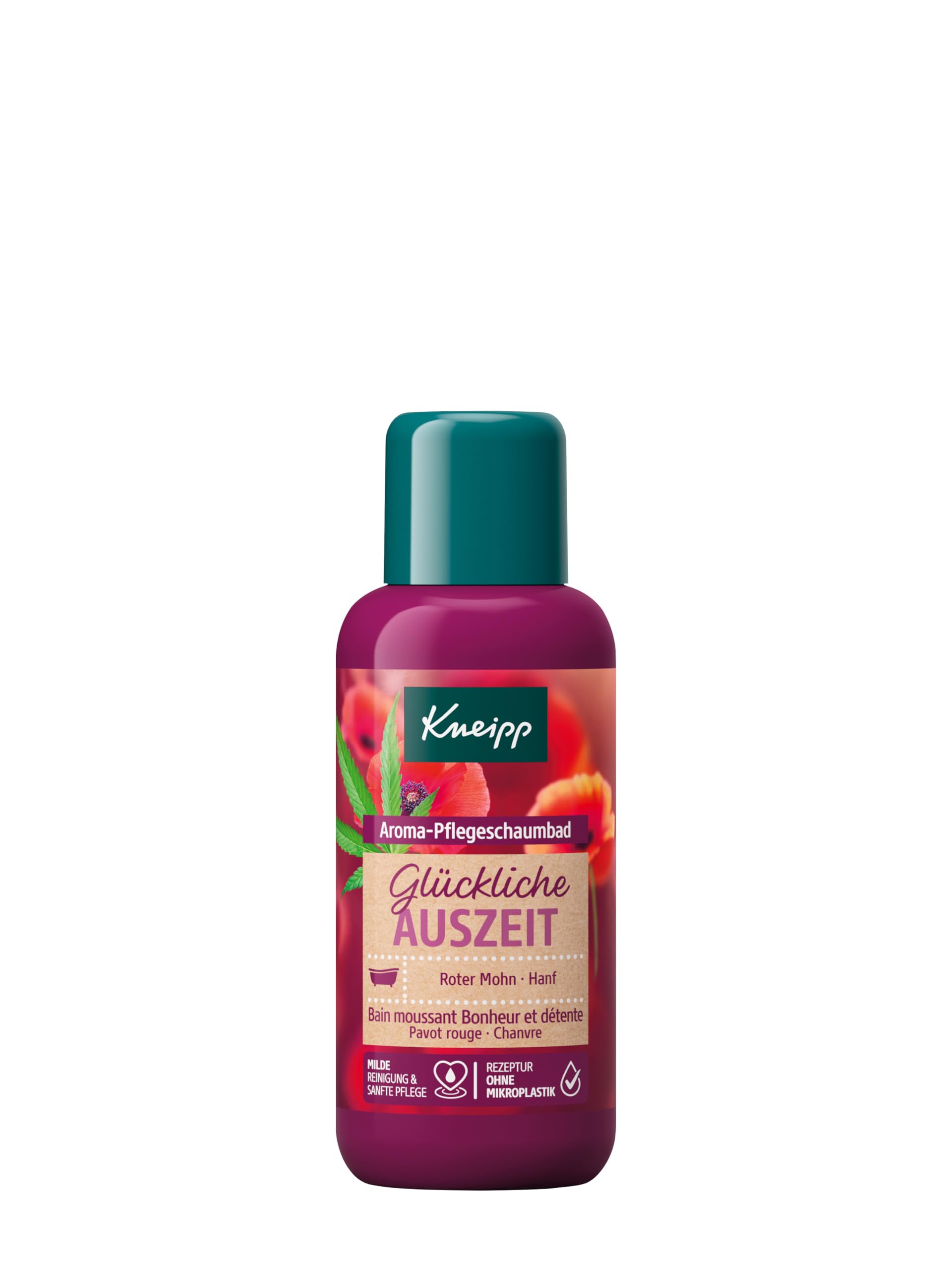 Kneipp Aromatyczna kąpiel z pianki pielęgnacyjnej Happy Auseit rozmiar podróżny – dodatek do kąpieli z naturalnymi olejkami z czerwonego maku i konopi – nastrojowy zapach – zapewnia miękkie i