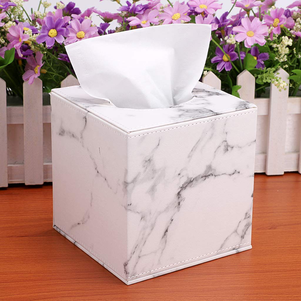 Portafazzoletti In Pelle PU - Cubo 13x13x14 Cm, Design Moderno In Marmo Bianco, Per Casa E Ufficio - Foto 2