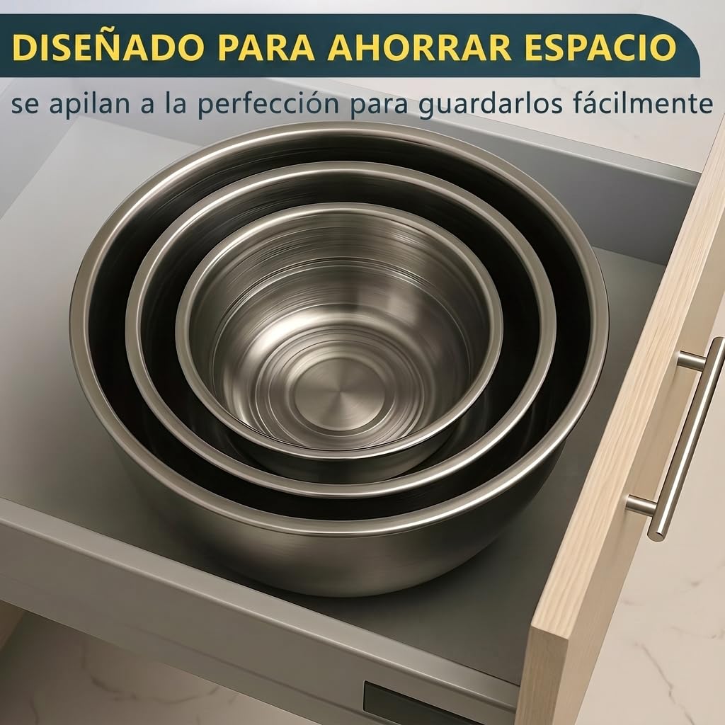 Baker's Signature Juego de 3 cuencos de acero inoxidable para mezclar con tapa, juego de 3 cuencos de metal para preparar alimentos, hornear, almacenar, cocinar, servir, apto para lavavajillas y