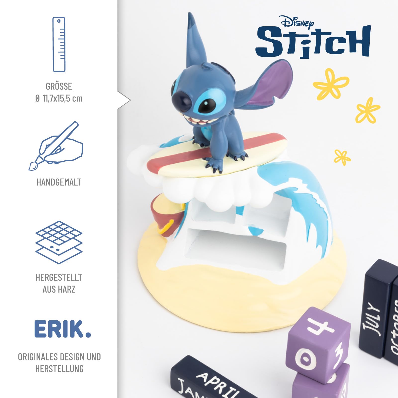Grupo Erik Ewiger Kalender Disney Stitch Figur Sufer - 3D Kalender Tischkalender zum Aufstellen - Dauerkalender Lilo und Stitch Offizielles Lizenzendprodukt Büro Deko