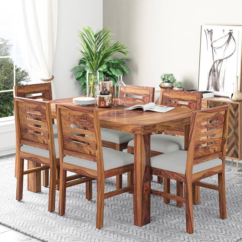 Image of Solid Sheesham Wood Six Seater Urban Design Dining Table Set for Dining Room | Restaurant | Wooden Dining Table with Six Chairs| Color Finish - Natural Finish|