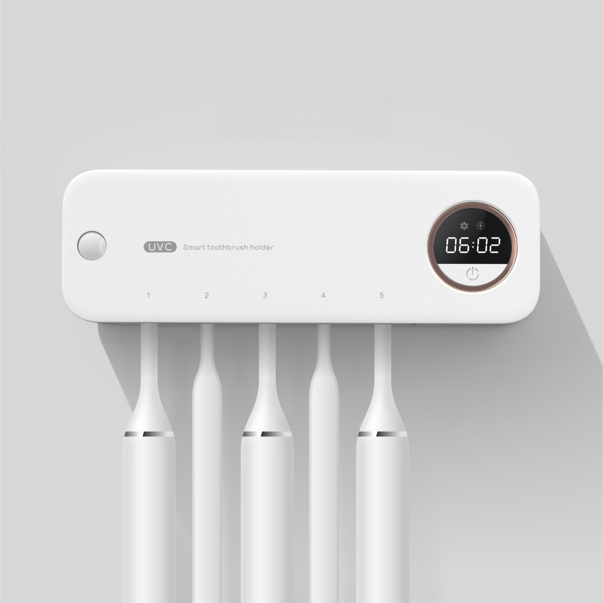 White Toothbrush Holders For Bathrooms, Uv Toothbrush Cleaner Holder With Air Dry, Rechargeable Wall Tooth Brush Holder, No Drilling, 5 Slots, Timer Function, For Most Toothbrushes