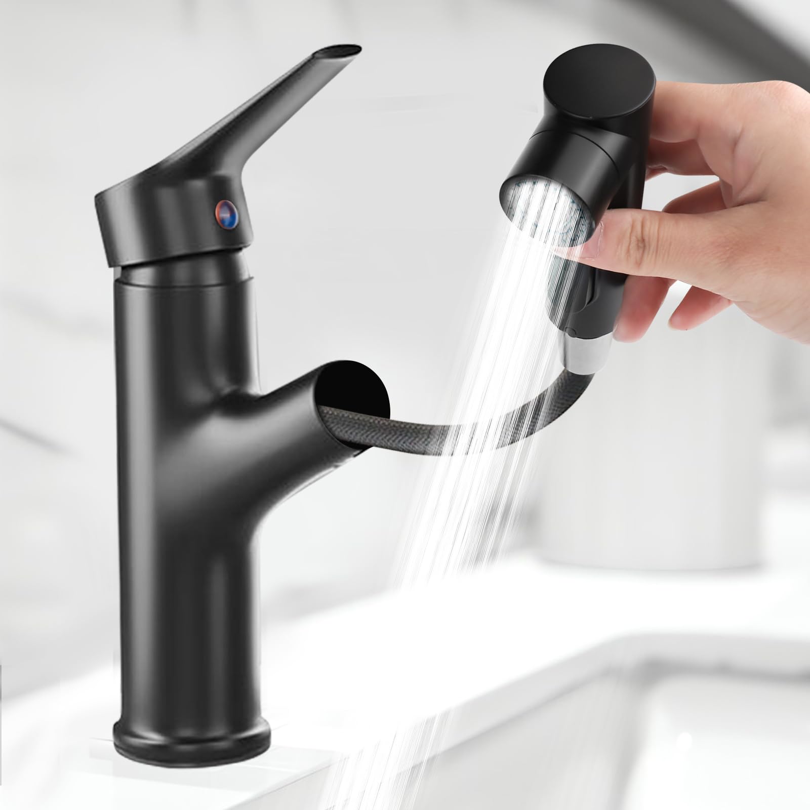 Robinet de salle de bain avec douchette extensible, haute pression, mitigeur monocommande avec 3 types de jet, mitigeur chaud et froid, robinet de lavabo pour salle de bain, noir