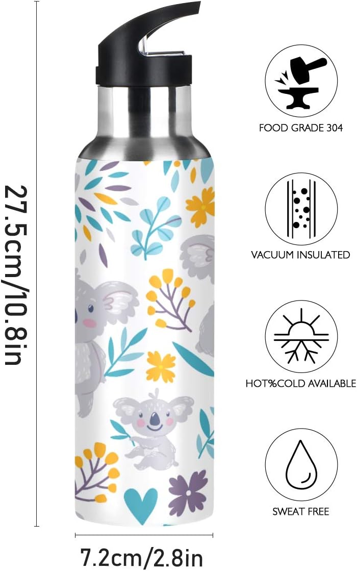 Nander Cute Koala Bears Water Bottle 22oz Double Wall Vacuum Insulated Leak Proof Stainless Steel Sports Water Bottle with Straw and Easy to Carry - Image 2
