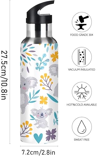 Miniatura 2 de Nander Cute Koala Bears Water Bottle 22oz Double Wall Vacuum Insulated Leak Proof Stainless Steel Sports Water Bottle with Straw and Easy to Carry