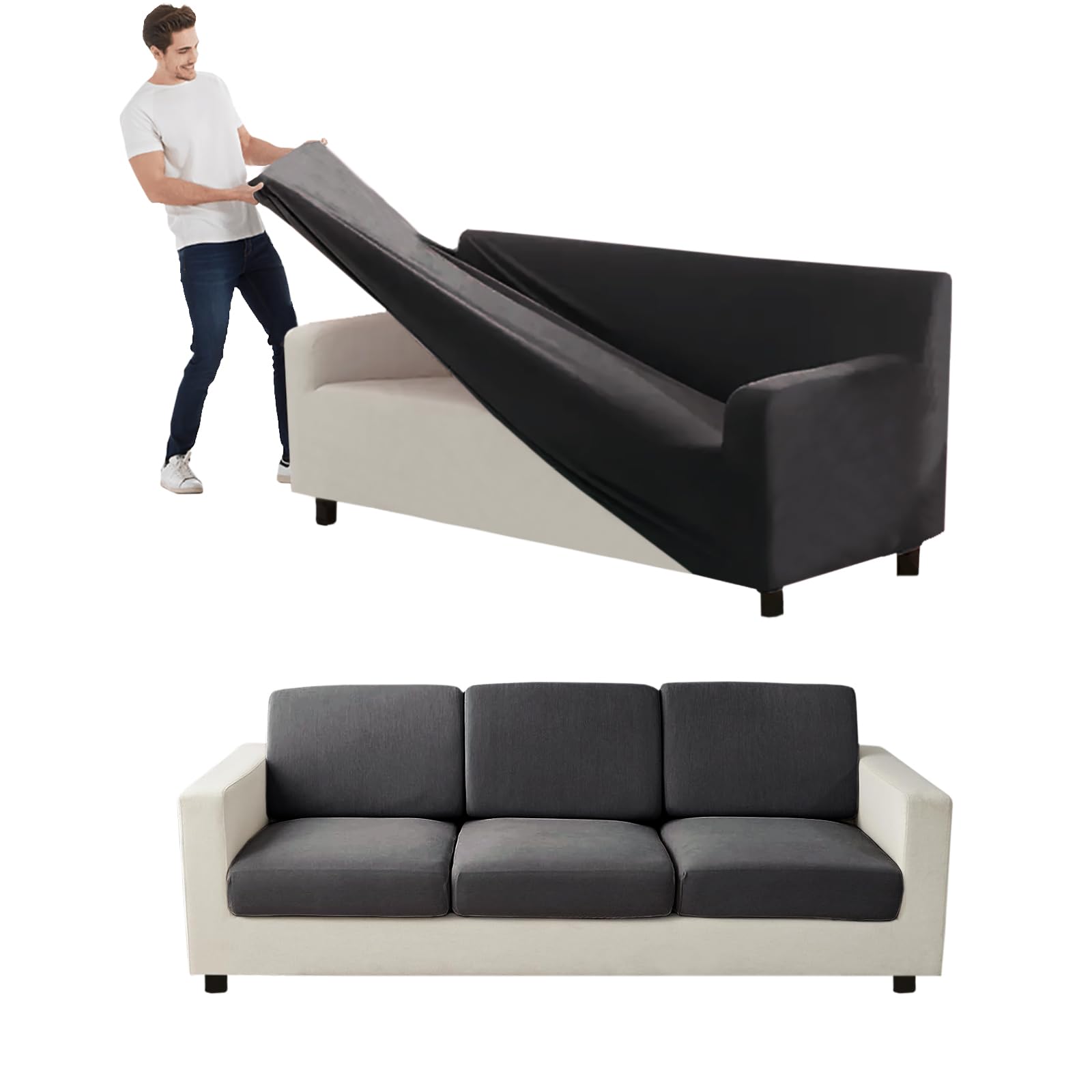 VFGFDJNDFX Couch Cover Velvet, Stretch Sofa Covers with Separate Main Cover Backrests and Seat Cushions Couch Cover, for Living Room Furniture Slipcovers (Dark Grey,Sofa - 9 PCS)