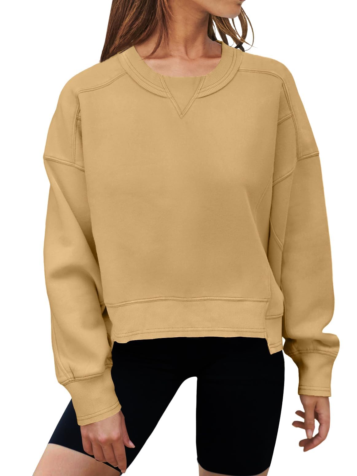 MEROKEETY Women's Oversized Cropped Sweatshirts Crewneck Fleece Workout