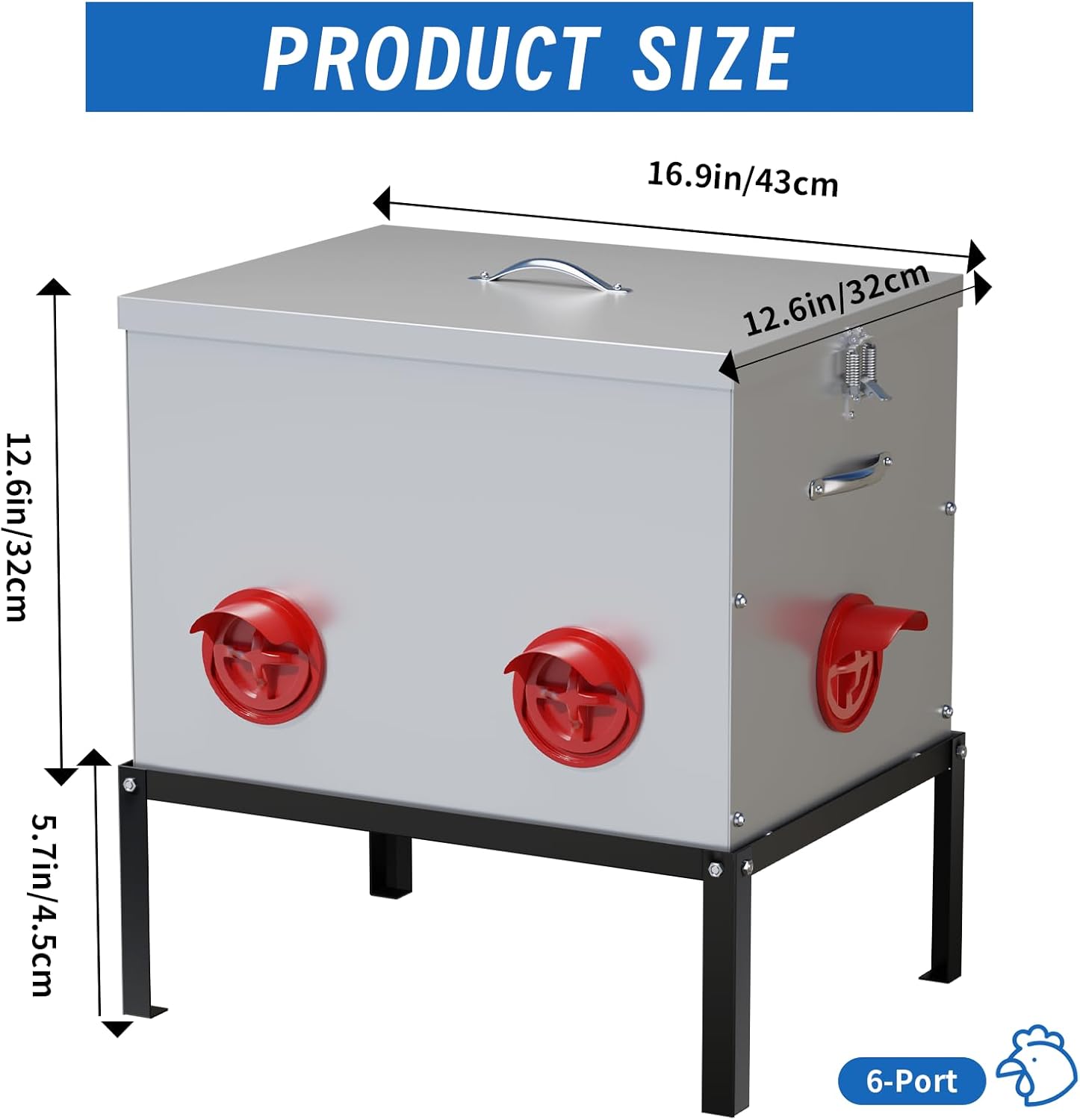 50LB Large Automatic Chicken Feeder,6 Port Large Metal Chicken Feeders,with Raise The Base Frame,Waterproof Galvanized Steel Poultry Feeder with Locking Lid for Chicken Coop