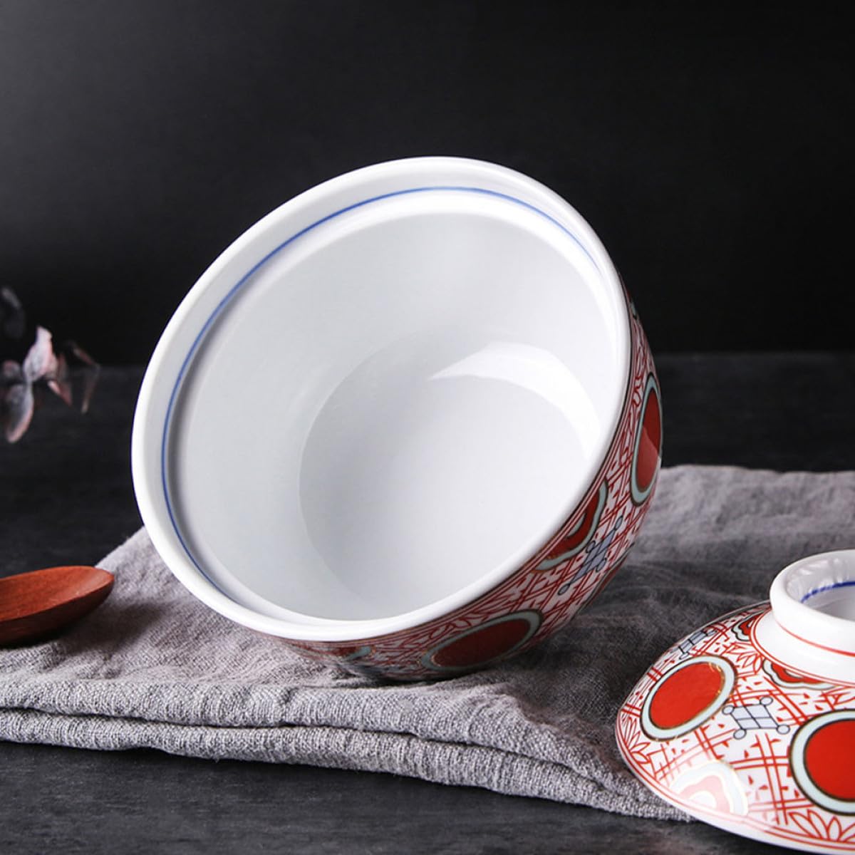 TOYANDONA Tazón de Cerámica para Sopa Japonesa con Tapa Roja, Cuenco de Cocina para Mantener Alimentos Calientes, Adecuado para Uso Doméstico y Sopas Miso o Almejas