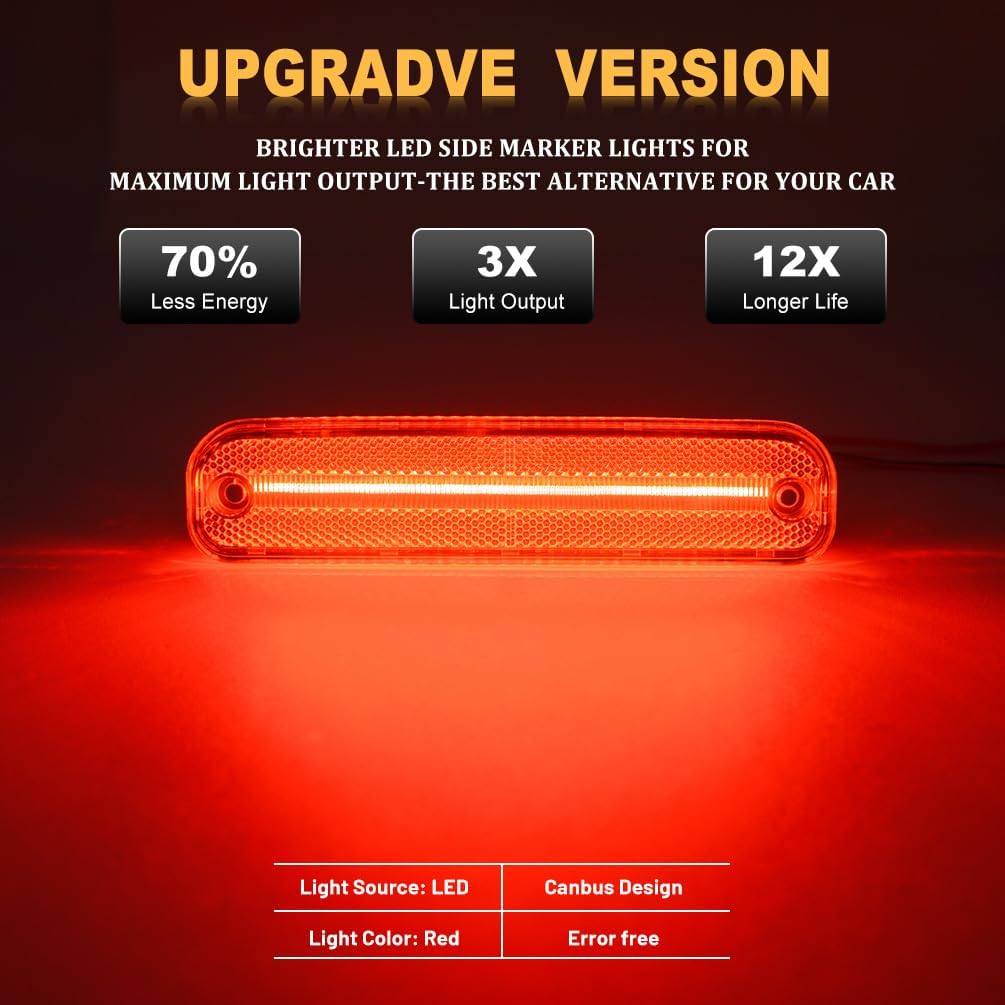 NJSBYL Rear Side Marker Lights for Chevy and GMC C10 C20 C30 K10 K20 K30 C1500 C2500 C3500 K1500 K2500 K3500 R30 V30 R3500 V3500 Pickup Trucks Clear Lens Red LED Markers Signal Lamps 6270433 6270434