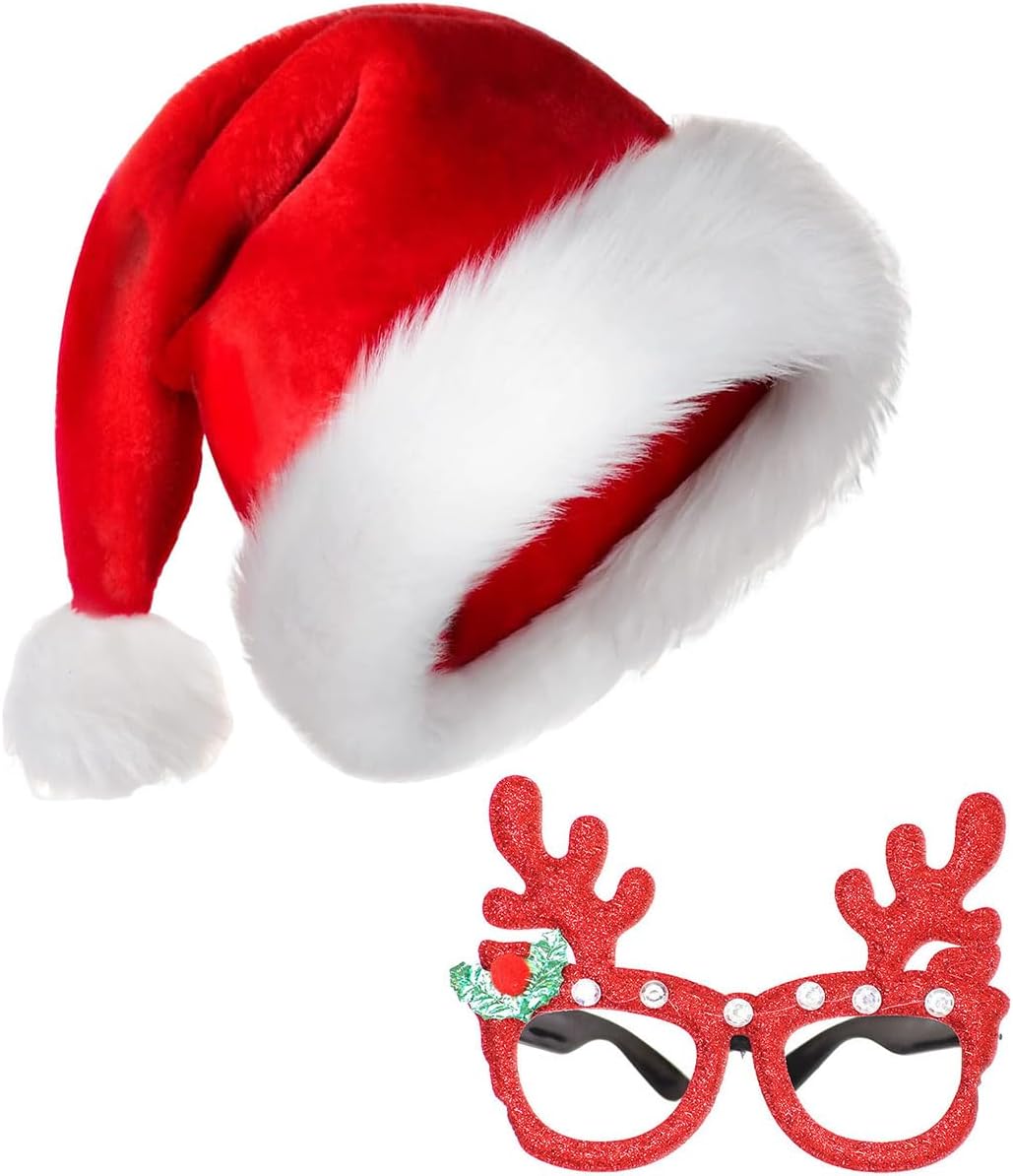Santa Hat and Christmas Glasses Set for Adults, Fun Xmas Party Supplies, Festive Costume Accessories for Photo Props