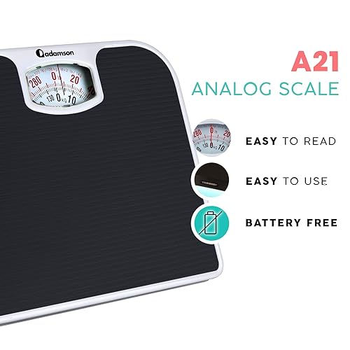 Miniatura 2 de Adamson Báscula analógica A21 para peso corporal, hasta 300 libras, superficie de goma antideslizante + números grandes, báscula de baño analógica,