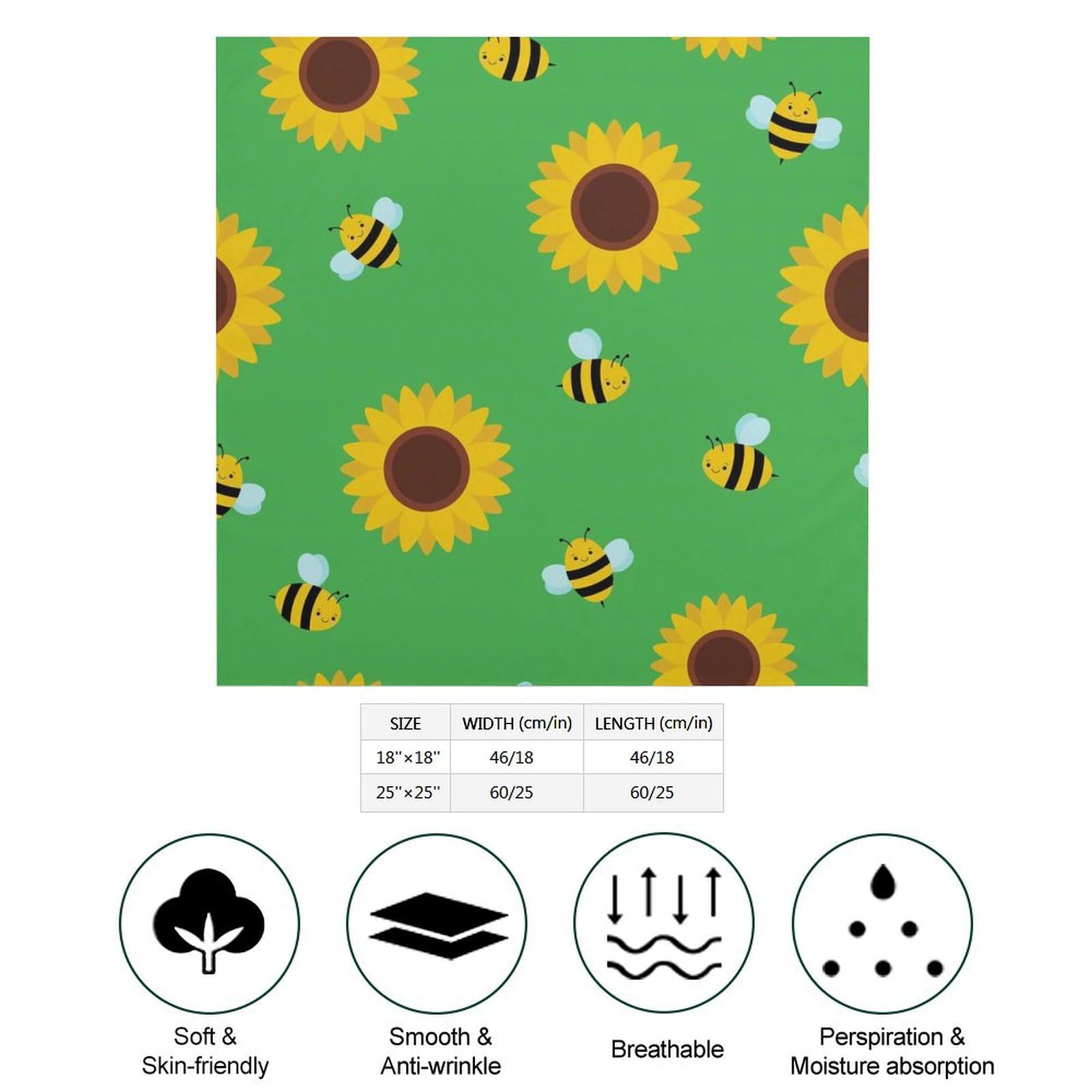 Cute Bee And Sunflower Pattern Bandana Hair Scarf Headband Adjustable Neckerchief for Men Women Decor