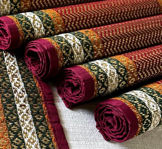 Image of Table Mats Set of 4 Handmade Reversible Heat Resistant | River Grass Dining Placemats Zero Plastic | Natural Madurkathi Eco Friendly | Rustic Boho Dcor | Joyful Four Mats