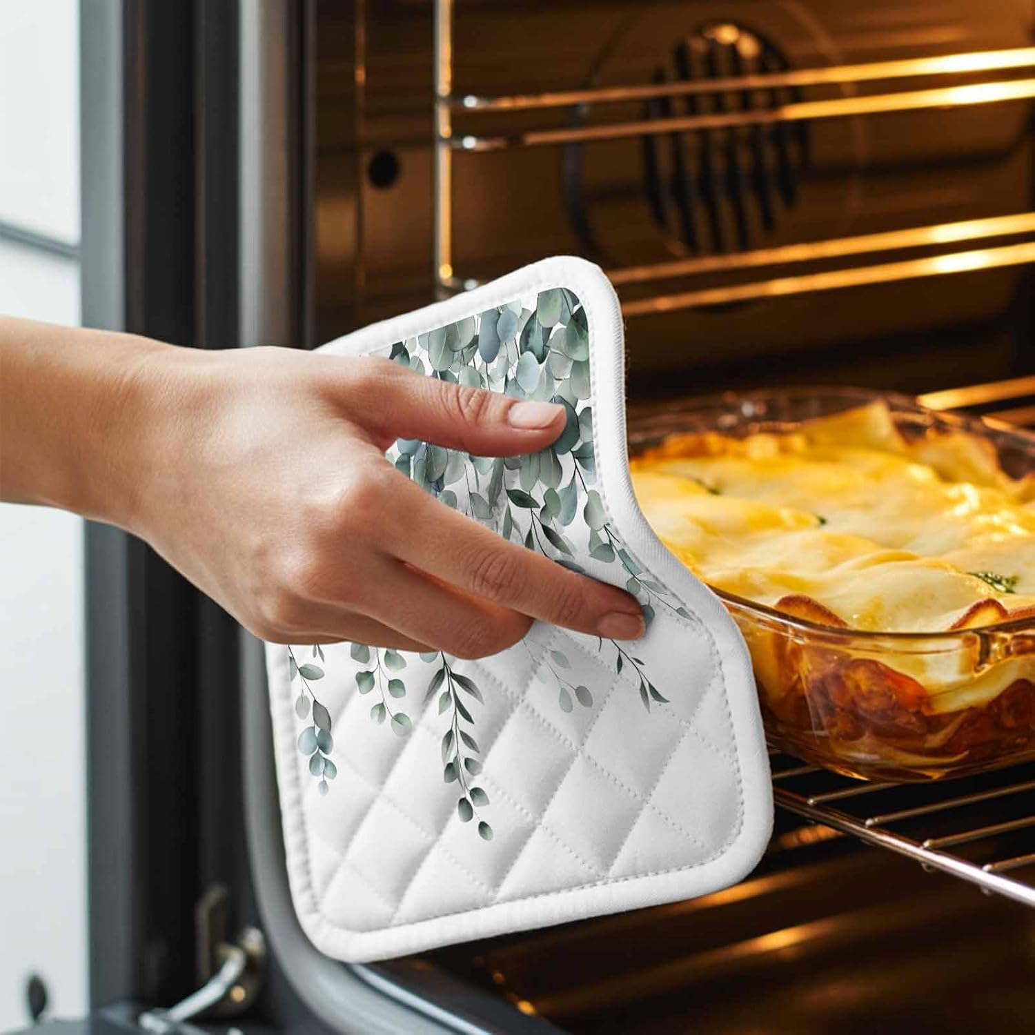 5 Pack Pot Holders for Kitchen, Green Eucalyptus Leaves Hot Pads for Kitchen Countertops Oven Pot Holder Bulk, Summer Botanical Watercolor Heat Insulation Potholders with Hanging Loops