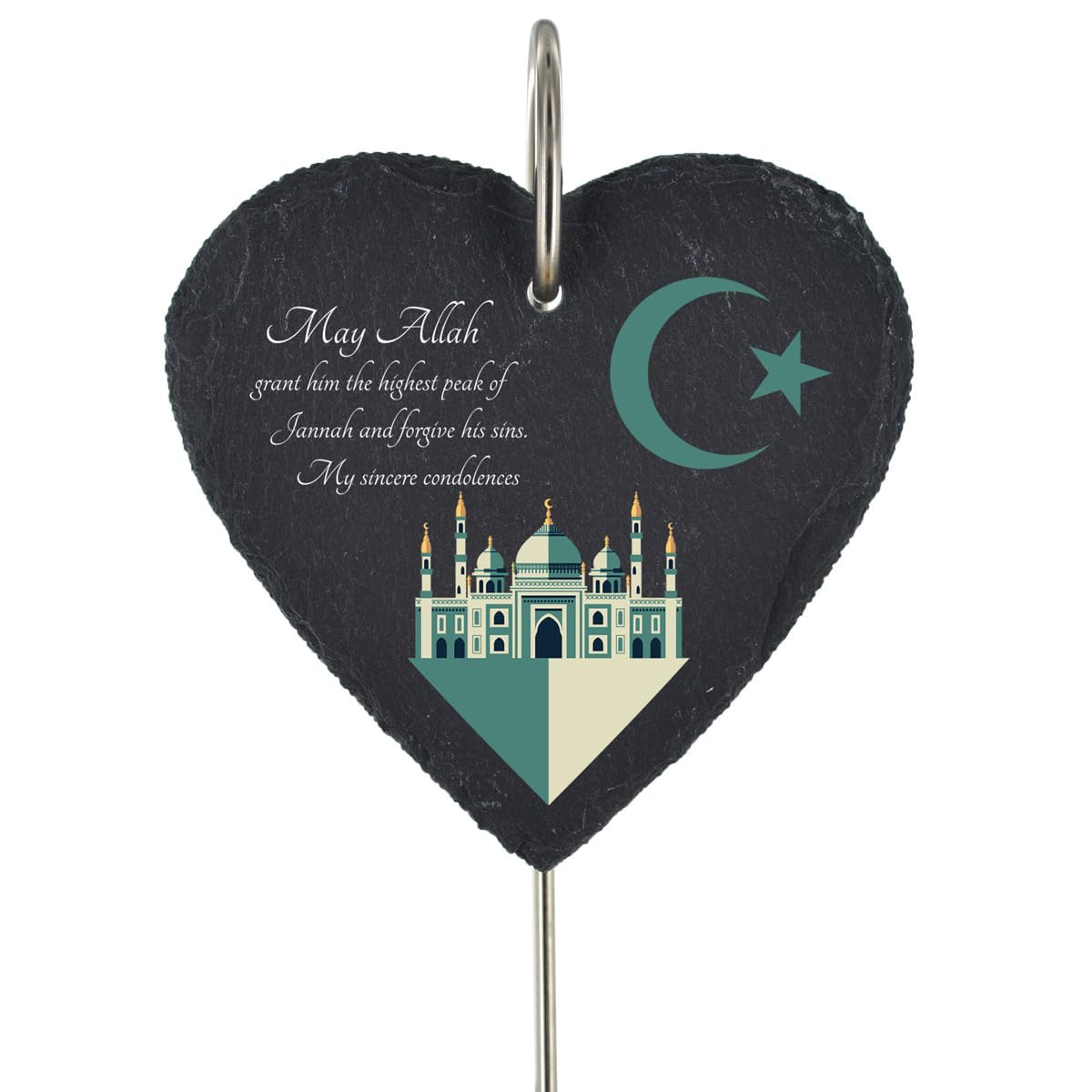 Global Designs Slate With Protective Coating & Uv Print Islamic Muslim Grave Stick Marker Plaque Ornament Memorial Slate Heart Temple Sentimental Tribute Graveside Decor 25X11cm