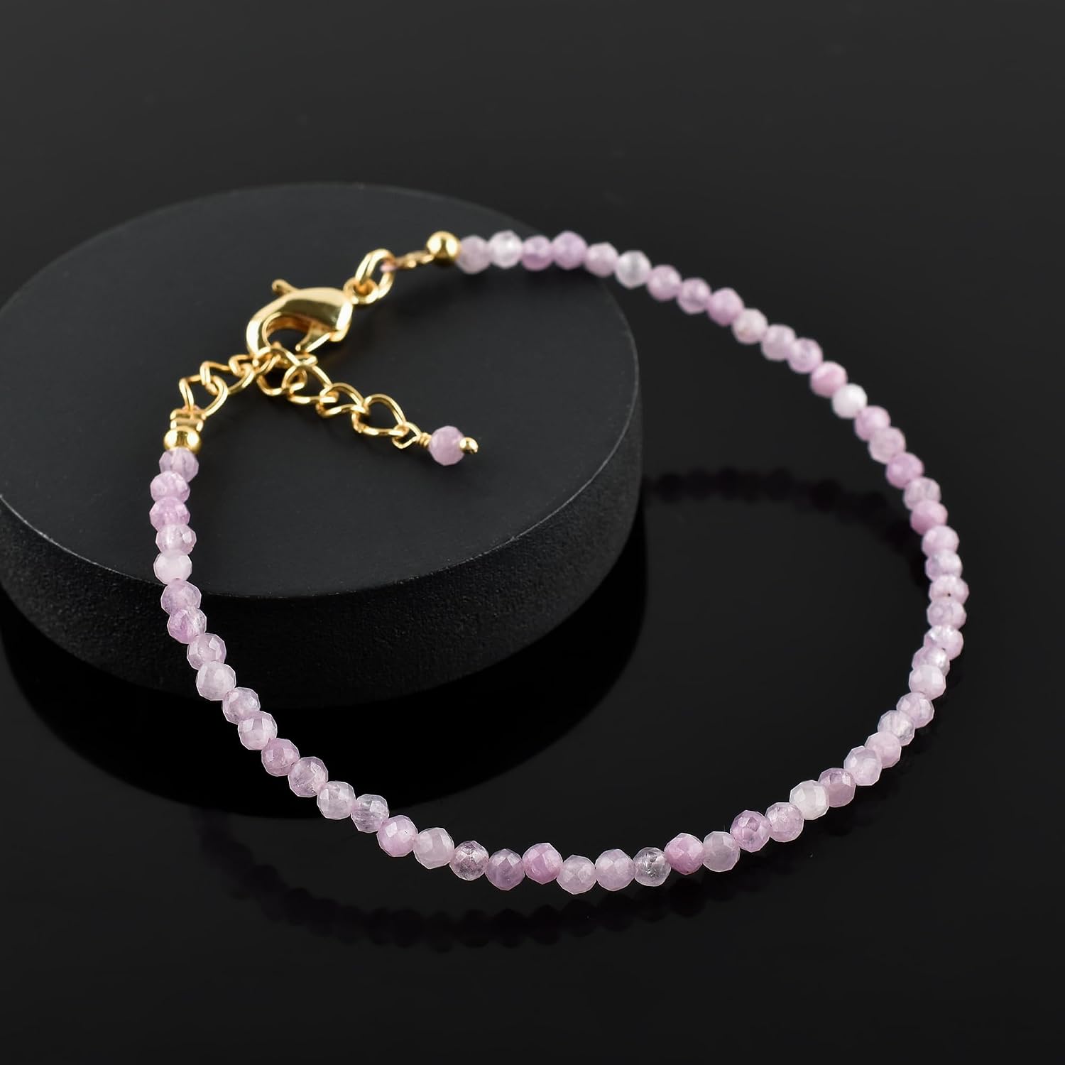 Natural Gemstone Micro Beads Dainty Bracelet Jewelry for Women, Birthstone, Chakra Energy Crystals, 14k Gold Plated Chain 8 inch Adjustable