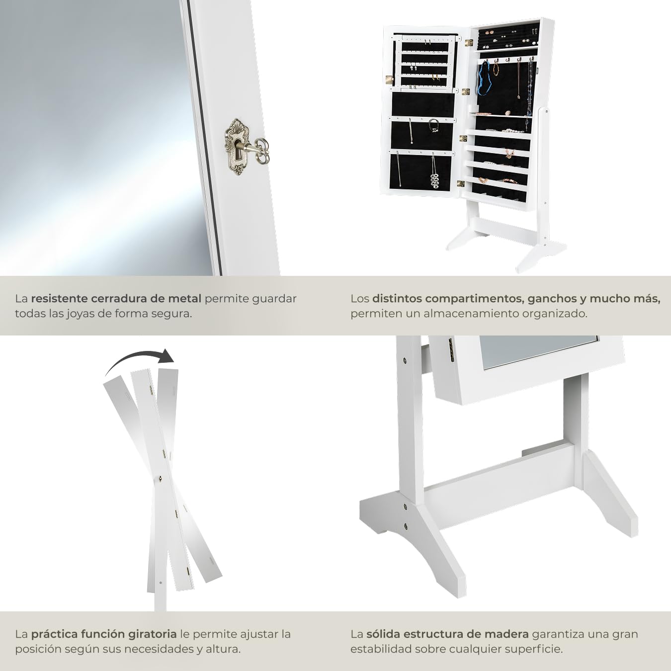 tectake® Espejo Cuerpo Entero con Joyeros Mujer Organizador, Joyero Niña, Espejo Maquillaje de Pie Ajustable con Cerradura, Revestimiento de Terciopelo. - 45 x 37 x 147 cm Blanco