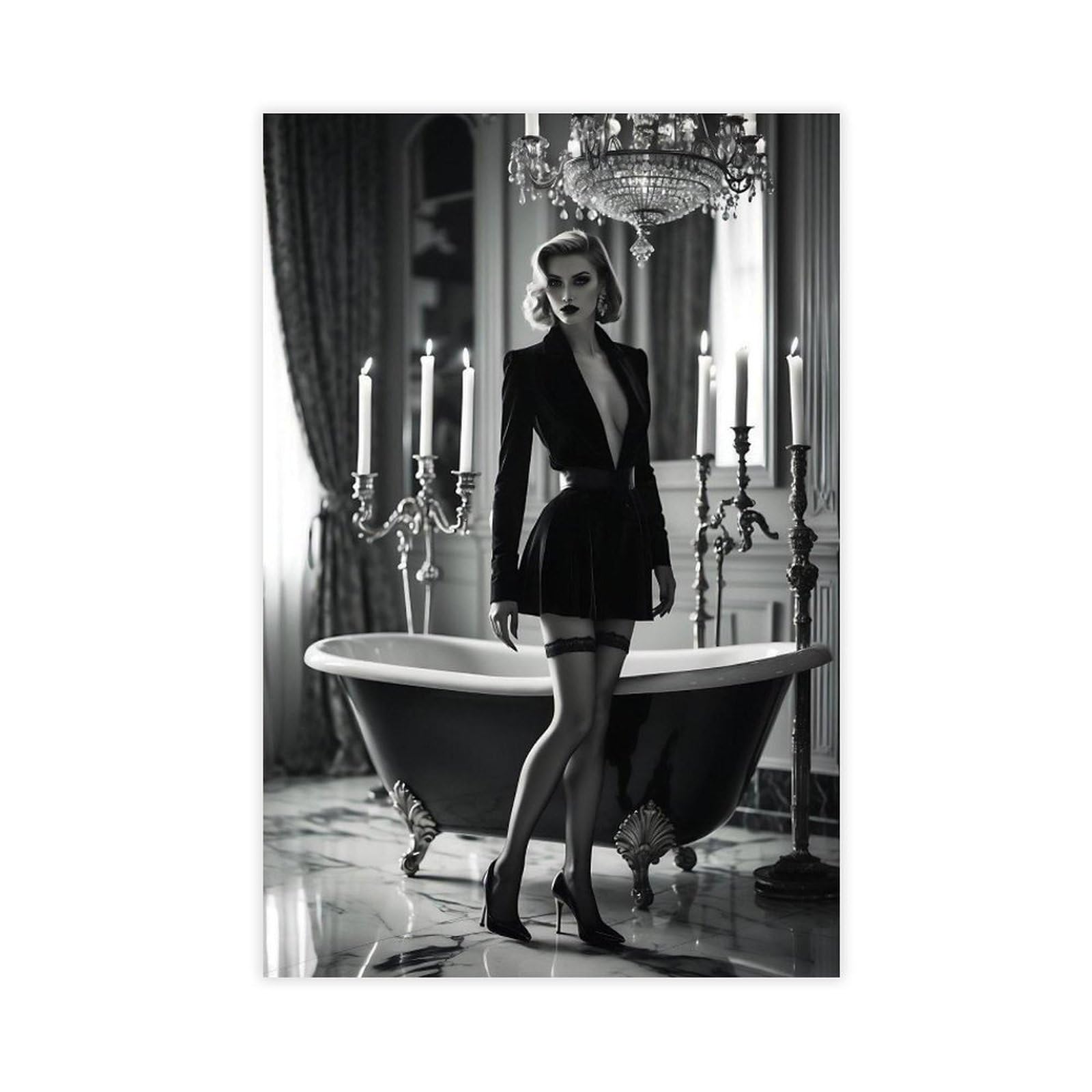 Wlqzfrwv Elegant Vintage Glamour Black And White Bathroom Canvas Poster Bedroom Decor Landscape Office Room Decor Gift 24X36inch(60X90cm)