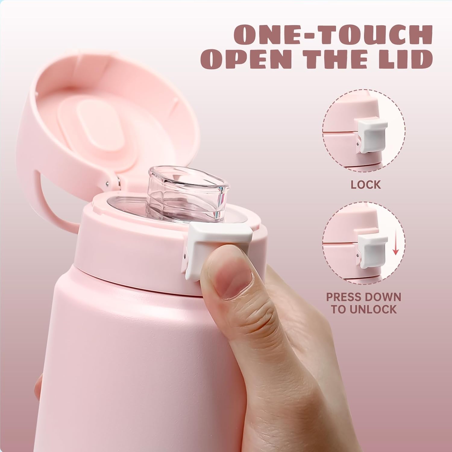 Insulated Water Bottle, 24 oz Leak Proof 18/8 Stainless Steel Vacuum Tumbler, Stainless Steel Water Bottle Wide Mouth for Sports, Gym or Office, BPA-Free Keep Cold 24H Hot 12H (Pink) - Image 2